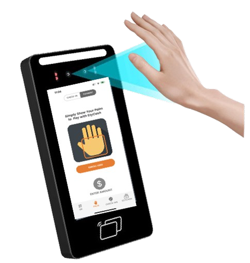 Palm held over an EzyPass terminal to pay with EzyCash