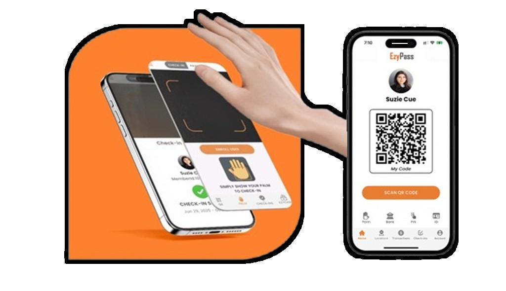 EzyPass app on two phones: palm check-in on the left and a personal QR code on the right
